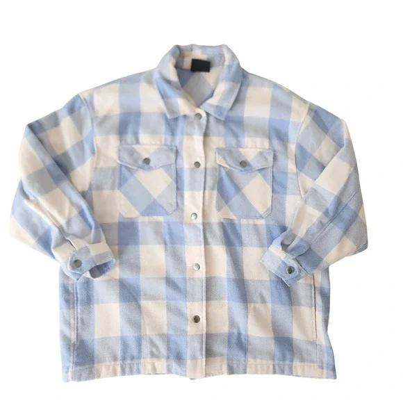 HFX Women's L Plaid Flannel Shirt Jacket Blue White Button Front Long‎ Sleeve - Picture 3 of 9